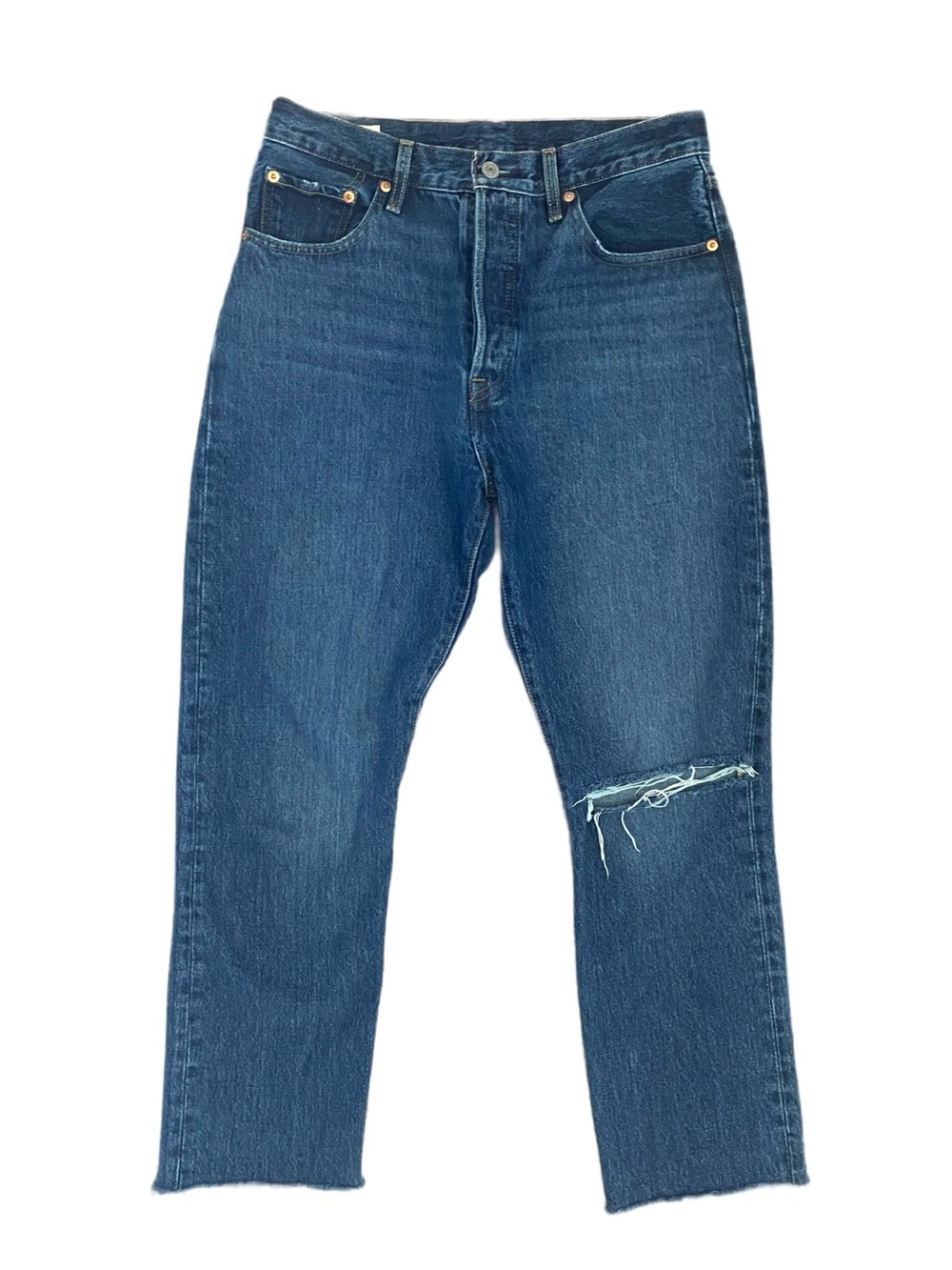 Levi 501 High Waist Cropped Jeans with Distressed Knee Size 29